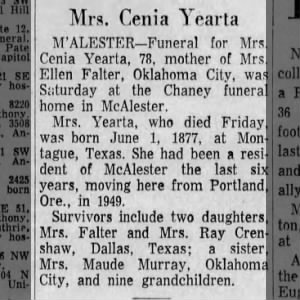 Obituary for Cenia Yearta
