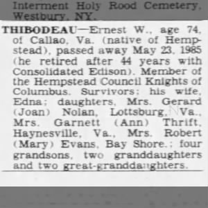 Obituary for Ernest W. Thibodeau