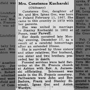 Obituary:  Constance Goc Kucharski, wife of Stanley Kucharski 
