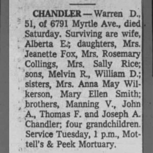 Obituary for Warren Dick Chandler 1962