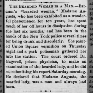 Barnum's Bearded Woman examined following court order. Doc declared Madame Augusta was a man