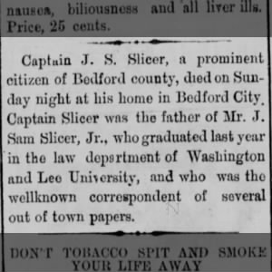 Captain J S Slicer obit 1898