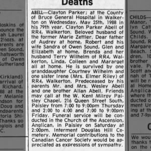 Obituary for ABEL -- Clayton Parker