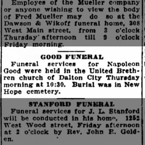 Napoleon Good funeral services Jan 6 1927