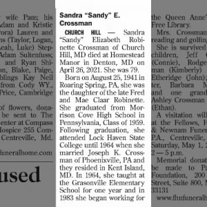 Obituary for Sandra Elizabeth Robinette Crossman