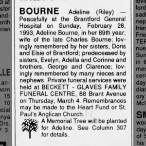 Adeline (Riley) Bourne Obituary - The Expositor - Brantford, Fri, Mar 05, 1993, Page 17 