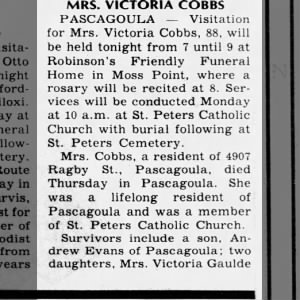 Obituary for VICTORIA COBBS