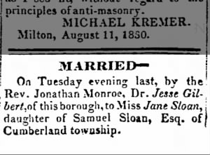Jane Sloan-Dr Jesse Gilbert marriage 1830