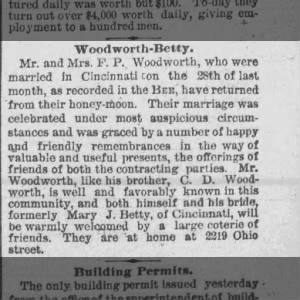 12/18/1887, Omaha Daily Bee, Woodworth-Betty marriage, F.P. Woodworth and Mary Betty