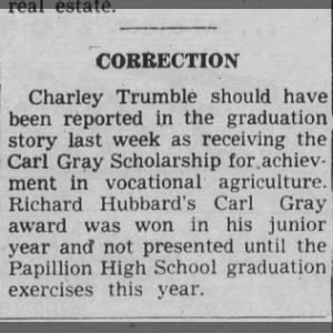 Correction in graduation story Papillion times june 4 1953