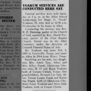Hugh D. 'Dock' Yoakum Obituary d. Jan 11, 1961