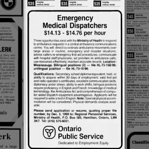 Emergency Medical Dispatchers (Classified) - Mississauga news - 09 Nov 1990