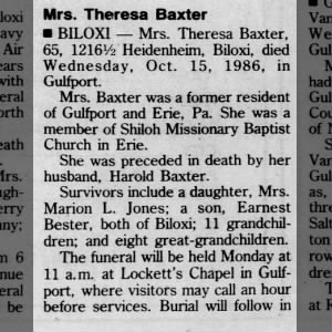 Obituary for Theresa Baxter