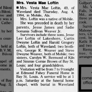 Obituary for Vesta Mae Loftin