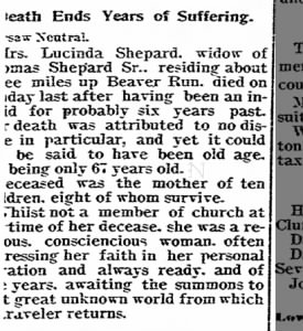 Obituary - SHEPARD - Lucinda - The Democrat and Standard - Coshocton OH - 35 Nov 1902