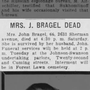 Carolina Bragel obit, Omaha Daily News, Sun, 16 Sep 1917