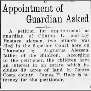 Augustus Alexson files for guardianship of his sons, Clinton L and Loy Eustace Alexson