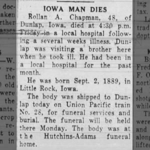Obituary for Rollan 1 A. Chapman