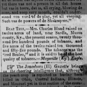 Mrs. Charles Bland raises 25,000 lbs of Tobacco
