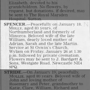 Obituary for Molly SPENCER