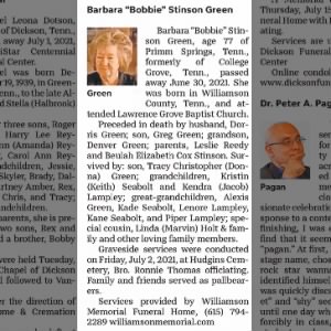 Obituary for Barbara Stinson Green