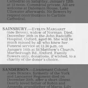 Obituary for Evelyn Margaret SAINSBURY