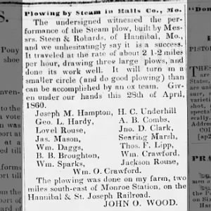 Article in Hannibal Daily Messenger  1 May 1960 about Plowing by Steam in Ralls Co. MO