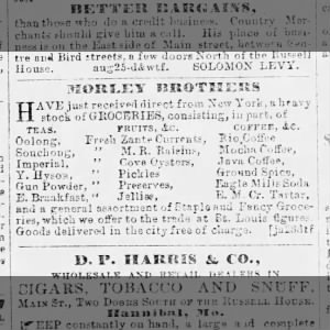Morely Brothers Grocery Ad 1860