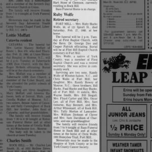 Ruby Virgina Hucks, Herald Feb 29, 1988 Obit