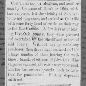 1857 Oct 24 Nueces Valley Weekly Cow Thieves caught by Live Oak County Sheriff