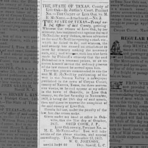 1857 Nov 21 Nueces Valley Weekly LOC VS M E McNEILL for 60 dollars for failed road opening