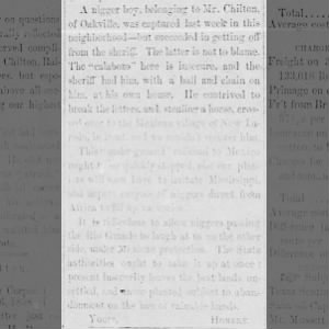 1858 Mar 20 Nueces Valley Weekly Mr Chilton of Oakville slave boy ran off to Mexico