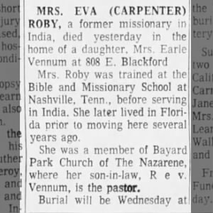 Obituary of Eva Roby nee Carpenter