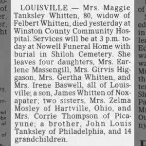 Obituary for Maggie Tanksley Whitten