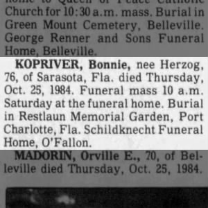 Obituary - Bonnie Kopriver
