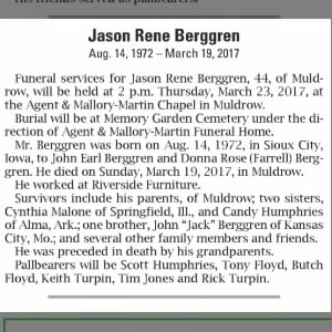 Jason Berggren - obituary 2017 