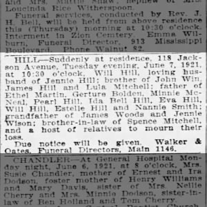 Obituary of Will Hill June 9,1921