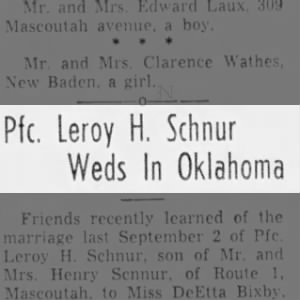 Leroy Schnur and DeEtta Bixby wedding announcement.