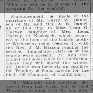 Marriage of Leah Grace Harvey
Daughter of Lena G Bailey 