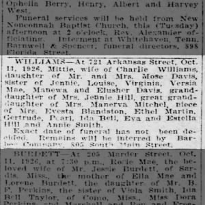 Obituary of Mittie Davis - Williams, Oct 12, 1926