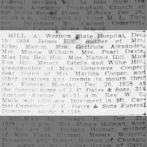 Obituary of Jennie Lewis - Hill Dec 25, 1938