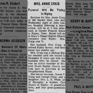 Annie Belle Stryer Craig Obituary 1959
