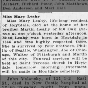 New Castle Herald - Mary Leahy obituary 1920