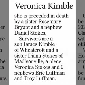 Obituary for Veronica Kimble