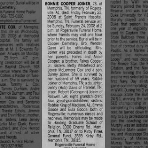 Obituary for BONNIE COOPER JOINER