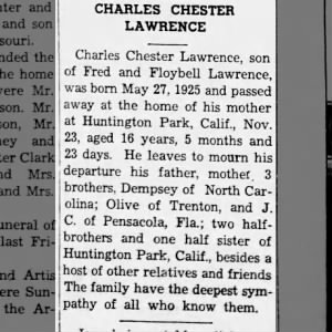 Obituary for CHARLES CHESTER LAWRENCE