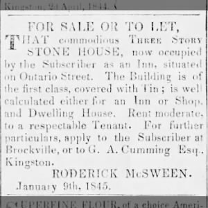 Roderick McSween Property In Brockville (father-in-law of John Ryan) 
