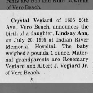 Birth announcement of granddaughter of Rosemary & Albert Vegiard 