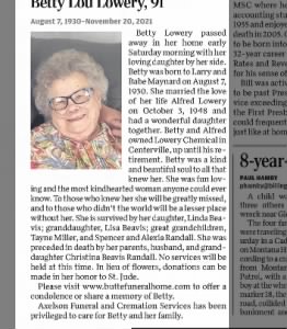 Obituary for Betty Lou Lowery
