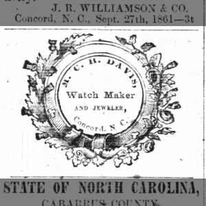 MCH Davis, Watch Maker & Jeweler Advertisement Concord, NC Oct 1861